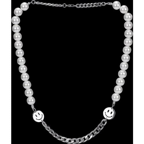 Kpop Smile Pearl Metal Chain Choker Necklace Men Women Punk Hip Hop Neck Chain Clavicle Chain Korean Fashion Collier Collares