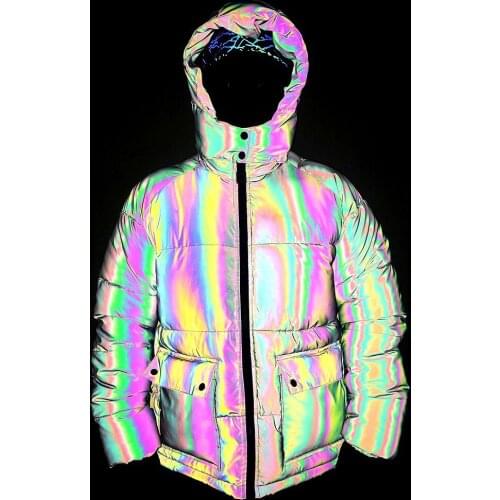 Drop shipping Winter Mens Clothing Hip Hop Reflective Mens Jacket Hooded Parka Thick Warm Night Light Overcoat Men Cargo Coats