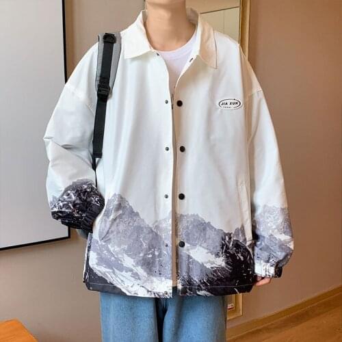Snow Mountain Print Breasted Jacket For Men Spring/autumn Plus Size, Loose Lapel Personality High Sstreet Jacket