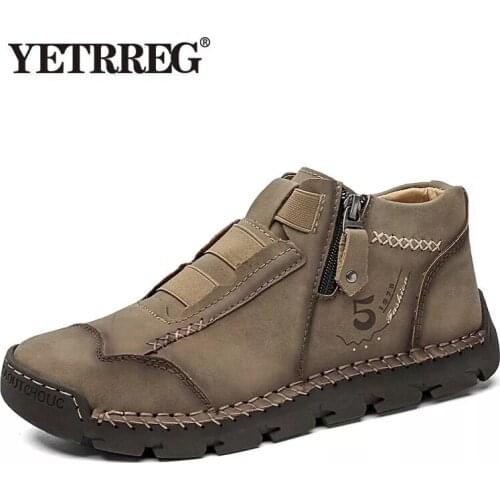 Brand Mens Boots Handmade Leather Mens Ankle Boots Fashion Mens Motorcycle Boots Outdoor Mens Work Shoes Short Boots Size 48