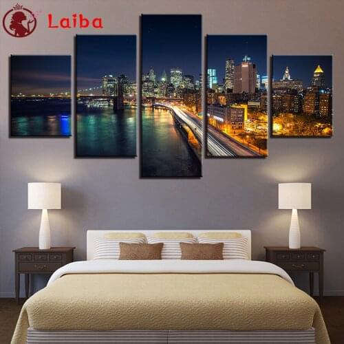 5D DIY Brooklyn bridge city building night view Diamond Embroidery Full Kits Needlework Diamond Painting Cross Stitch 5pcs