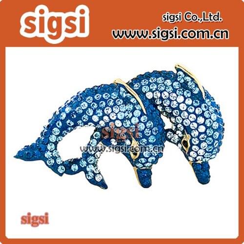 Customized wholesale acrylic rhinestone sparkly two dolphin animal brooch pin for gift/party