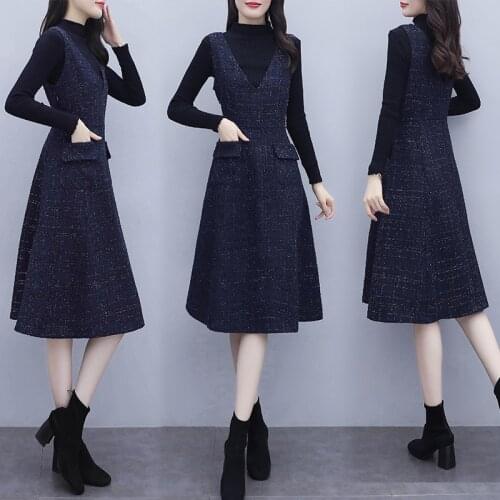 Spring Autumn Dress Women New Vintage Casual Party Long Dress Woolen Plus Size Dress Two-piece Suit Dresses Vestidos s1161