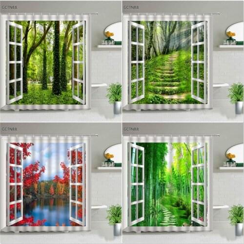 Forest Scenery Print Shower Curtains Green Plant Tree Landscape Bathtub Screen Hooks For Bathroom Background Wall Hanging Decor