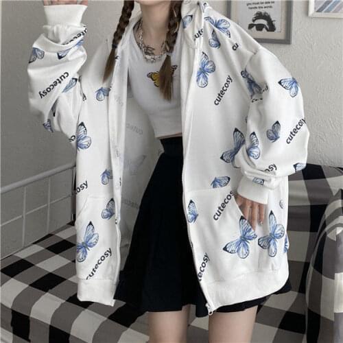 Harajuku Women Hoodies Sweatshirt Casual Loose Preppy Bear Butterfly Print Pockets Oversized Hoodies Outerwear Jacket Coats Tops