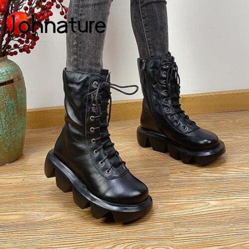 Johnature 2020 New Winter Shoes Women Boots Genuine Leather Lace-Up Wedges Handmade Round Toe Zip Fashion Ankle Platform Boots