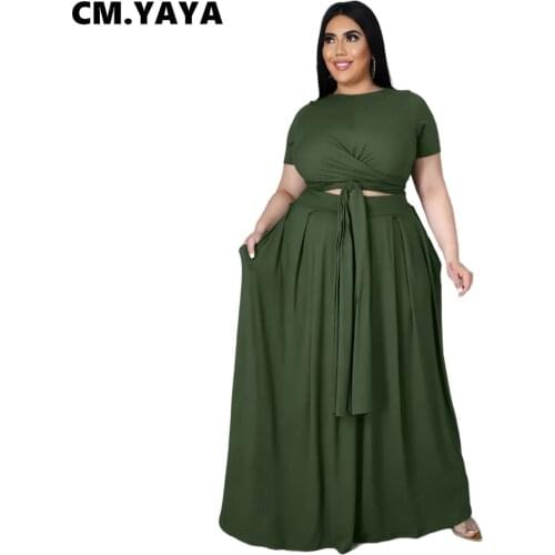 CM.YAYA Plus Size Set Women Soli Short Sleeve Bandage Crop Tops High Waist Loose Long Skirts 2 Two Piece Sets Tracksuit Outfit
