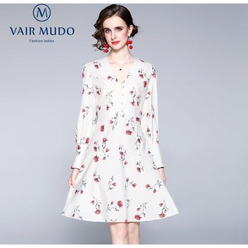 The New Ladies' Dress Temperament V-neck Lantern Sleeves Printed Waist Dress With High Western Style Female Sweet White Y-97