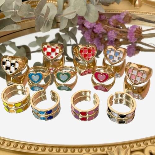 2021 New Cute Enamel Love Peach Heart Rings For Women Golded Metal Multicolor Drip Glaze Rings Fashion Statement Party Jewelry