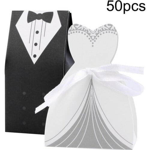 50pcs Bride And Groom Wedding Favor And Gifts Bag Candy Box DIY With Ribbon Wedding Decoration Souvenirs Party Supplies