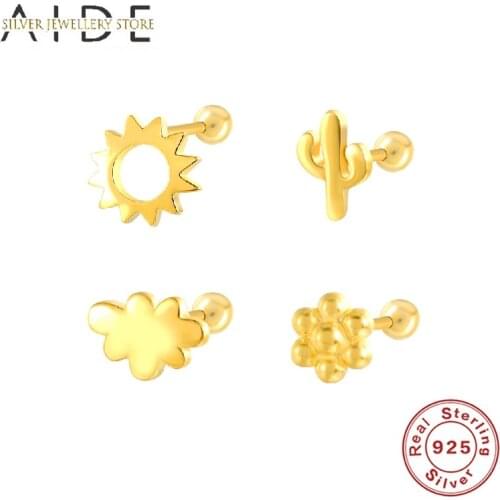 AIDE 1 Pc Personalized Stud Earrings For Women Fashion Sun/Cactus/Clouds/Geometry Piercing Earings Silver 925 Jewelry kolczyki
