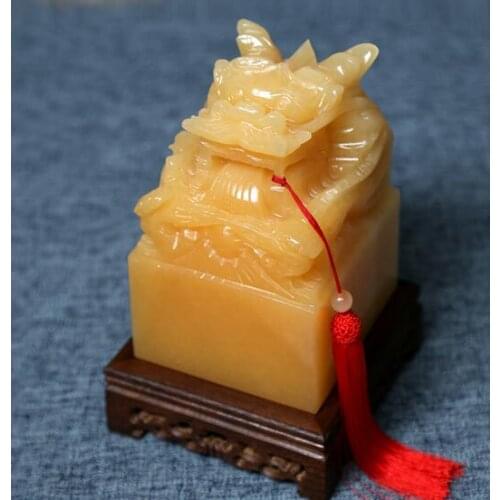 Free shipping Quality Natural Topaz Panlong Seal Jade Handcrafted Engraved Decoration Name