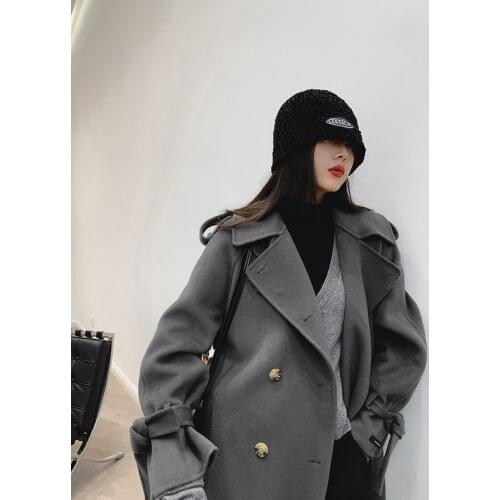 High-end epaulette elegant windbreaker mid-length double-sided cashmere coat woolen coat female Korean version 21 new