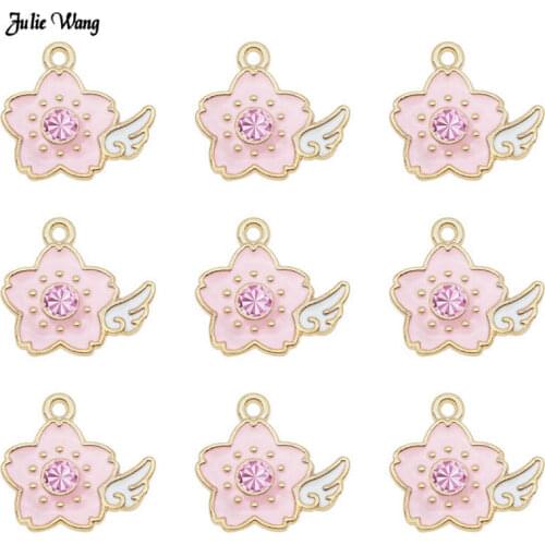 Julie Wang 5pcs Enamel Alloy Pink Flower Charms Pendant Cute DIY Findings For Bracelet Earrings Making Jewelry Accessory 19*20mm