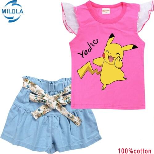 Pokemon Toddler Girls Clothing Sets Baby Pikachu Cartoon short sleeve T-shirt And Dress Suit Kids Fashion Sports Clothes Set