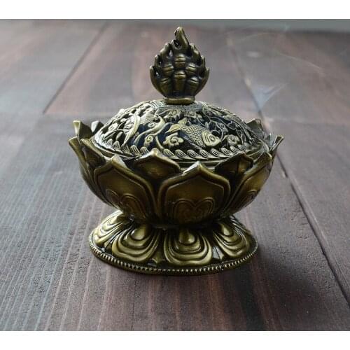 Zinc Alloy Incense Burner Chinese Buddha Incense Holder Lotus Flower Sandalwood Censer for Home Office Teahouse Use Home Decor
