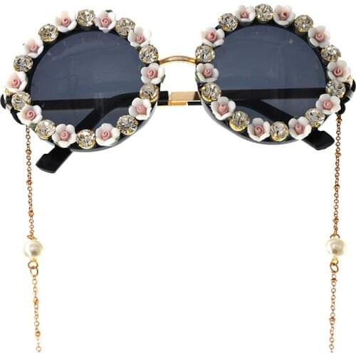 Fashion Design Baroque Women Girls Ceramic Flowers Tassel Sunglasses Retro Brand Luxury Crystal Sunglasses Summer Beach Glass