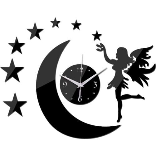 2016 new Black wall clock modern design Moon Elf mirror diy clocks 3d Stickers mirror watches living room Quartz watch Portrait