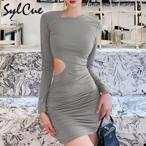 Sylcue Autumn new style long sleeve tight skirt side waist hollow out shows thin sexy and charming wild dress stretch slim soft