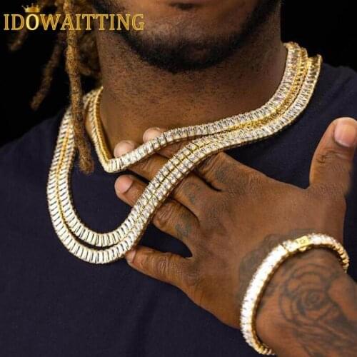 Wholesale Iced out bling cz hip hop mens boy necklace gold color baguette 5A cubic zirconia cz cluster tennis chain necklaces