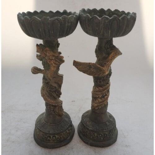 Collection chinese Handmade old bronze Dragon Phoenix Candle holder , Home Decoration antique