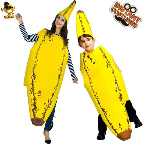 Adult and Kids Banana Costume Halloween Party Cosplay Funny Food Banana Jumpsuit for Carnival Fancy Dress Parent-Child Outfits