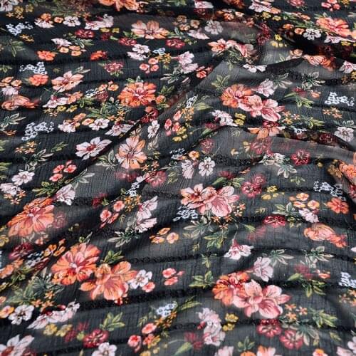 Spring Summer Black Floral Flowers Multiple Crepe Chiffon Printed Fabric Fashion Imitation Silk Dress Material by Meter Cloth