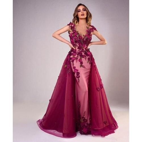 Elegant Evening Dresses Mermaid V-neck Cap Sleeves Tulle Flowers Pearls Dubai Saudi Arabia Long Prom Dress Gown Robe De Soiree