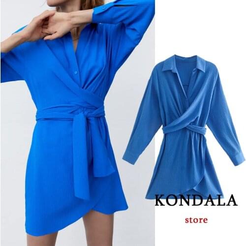 Za 2021 Sexy Chic Blue V Neck Mini Party Dress Long Sleeve Sashes Cotton Vintage Dress Fashion Autumn Elegant Mujer Vestidos