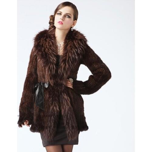 Winter Womens Genuine Natural Knitted Mink Fur Coat Raccoon Fur Collar Lady Medium-long Outerwear Coats VF0559
