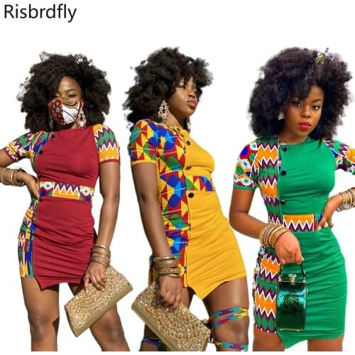 2021 Summer Sexy African Women Printing Polyester O-neck Mini Dress African Dresses for Women African Clothes European Clothing