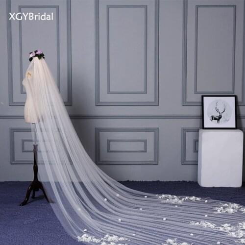 2021 New Arrival Hot Sell Wedding Veils White Champagne Flowers Pattern Long Tail Real Shot Polyester Bridal Accessories