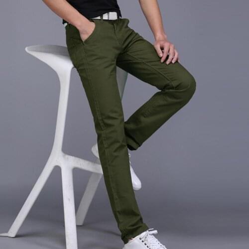 Casual Pants Men Solid Color Button Cotton Straight Long Pants Pockets Business Trousers
