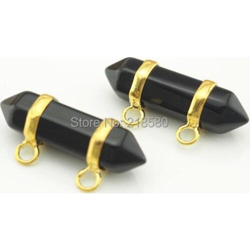 PM13287 Black Onyx Stone Double Terminated Point Pendant with Gold Or Silver Electroplated Edging