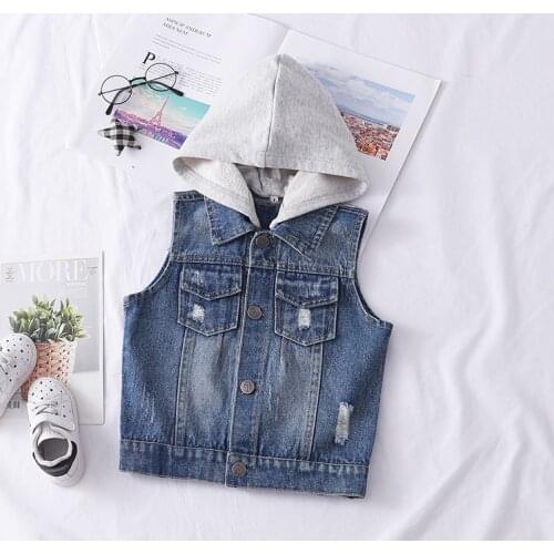 Brand Autumn Childrens Denim Jacket Baby Boys Hooded Waistcoat Fashion Cowbow Coat Vests for Boys Girls Clothes Toddler Outwear