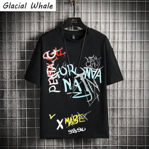 GlacialWhale Mans Black T-shirt Men 2021 Graffiti Oversized Cotton Hip Hop Japanese Streetwear Harajuku Tshirt Male T Shirt Men