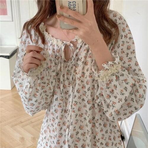 Summer Sleepwear Floral Print Nightgown Loose Cotton Long Sleeve Soft Vintage Homewear Bow Collar Ruffles Nightwear Home Clothes