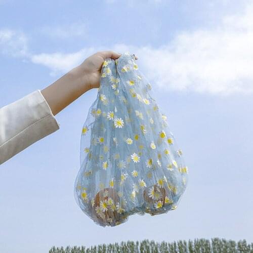 Women Small Transparent Tote Mesh Cloth Bag Daisy Embroidery Handbag Cute Flower Fruit Storage Bag Reusable Shopping Bag