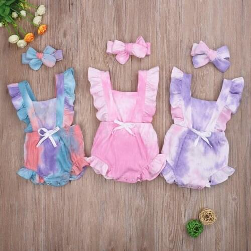 0-24M Toddler Boys Girls Tie-Dye Rompers Headband Ruffles Short Sleeve Printed Backless Jumpsuits 3 Colors