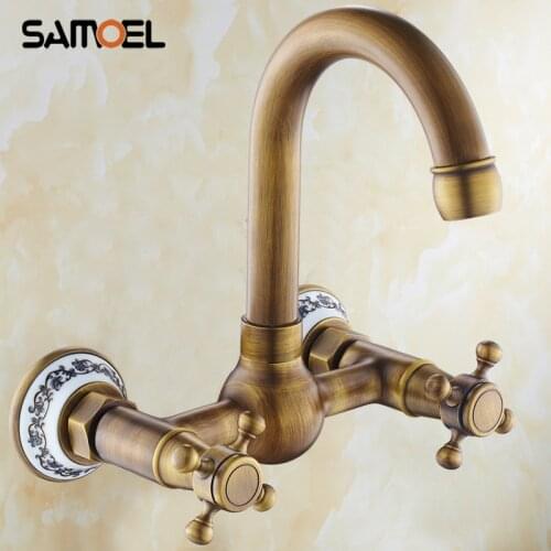 Wall Mounted Antique Brass Basin Faucet Hot Cold Mixers with Two Porcelain Handles Bathroom Sink Tap AF1109