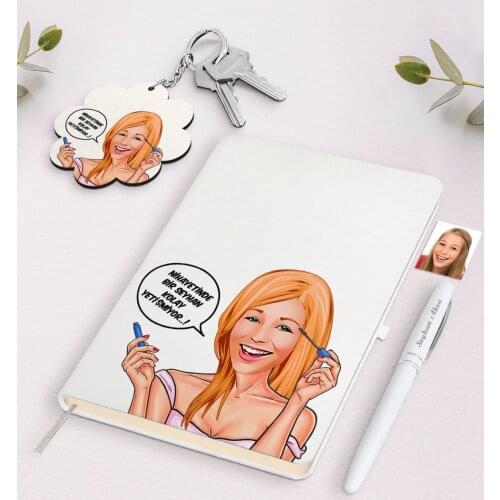 Personalized Women 'S Easy Grow Caricature Of White Notebook pen And Keychain Gift Seti-7 Reliable Quality Gift moment