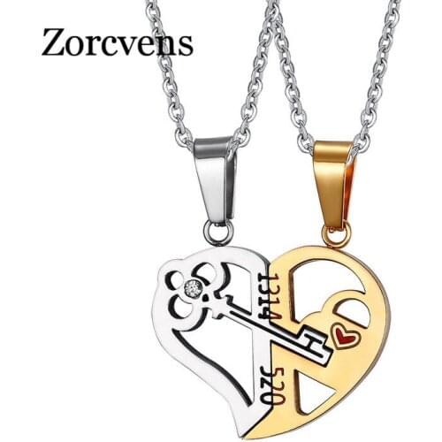 Modyle Romantic Couples Heart Key Crystal Pendant Her & His Love Necklace Set Lover Valentine Stainless Steel Necklace