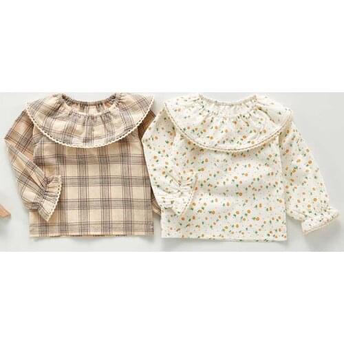 Baby Girl Shirts Plaid Floral Doll Collar Blouse For Toddler Girls Long Sleeve Girls Shirt Kids Autumn Clothig