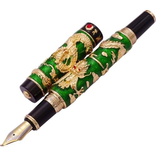 Luxury Handmade Jinhao Green Cloisonne Double Dragon Fountain Pen Bent Nib Advanced Craft Writing Gift Pen for Business Graduate