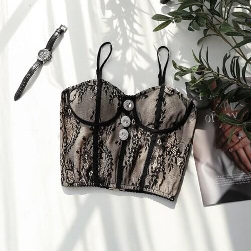 Vintage Print Beading Camis Crop Top Women Zipper Lace Sexy Corset Top Femme Backless Mesh Slim Straps Clothes Ropa Mujer Summer