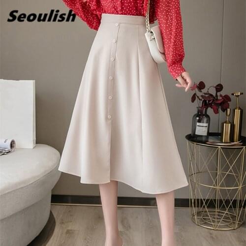 Seoulish 2021 New Spring Summer Work Wear Women Midi Skirts Single-Breasted Korean OL Style High Waist A-Line Skirts Female