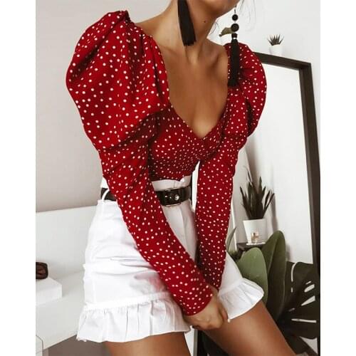Vintage Polka Dot Women Puff Long Sleeve Wrap Top Elegant 2021 Lace Up Red Crop Top Blouse Sexy Backless Chic Female Shirts