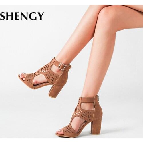 2020 Woman Sandals Summer High Heels Hollow Out Square Heels Luxury Women Designers Shoes Size 36-43