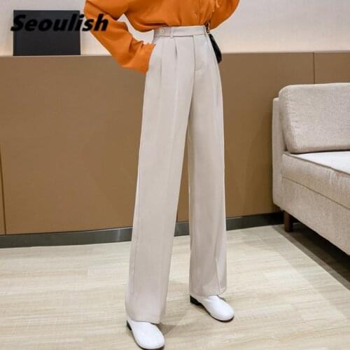 Seoulish 2021 New Formal Womens Wide Leg Long Pants High Waist Female Button Workwear Elegant Trouses Pockets Spring Summer