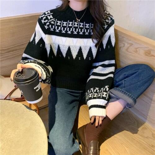 Women Jacquard Short Sweater Tops Fall Korean O-neck Casual Hit Color Knit Pullovers For Female Loose Warm Jumpers